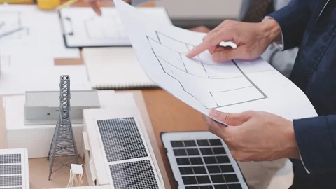 Close-up Of Person's engineer Hand Drawing Plan On Blue Print with architec.. Stock Footage 345607835