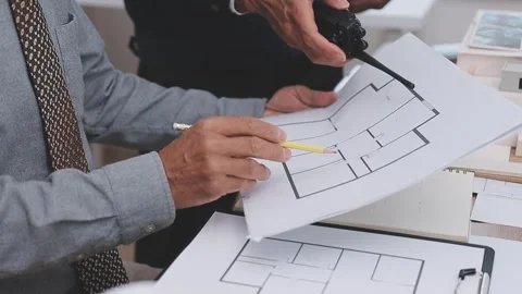 Close-up Of Person's engineer Hand Drawing Plan On Blue Print with architec.. Stock Footage 345607855