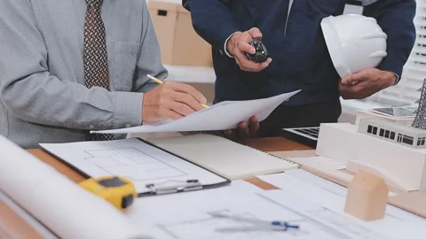 Close-up Of Person's engineer Hand Drawing Plan On Blue Print with architec.. Stock Footage 345607870