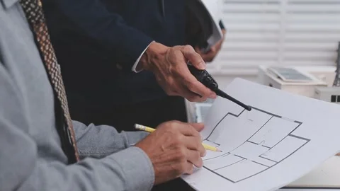 Close-up Of Person's engineer Hand Drawing Plan On Blue Print with architec.. Stock Footage 345607878