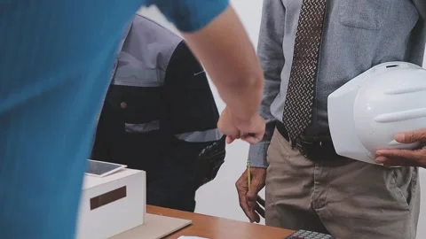 Close-up Of Person's engineer Hand Drawing Plan On Blue Print with architec.. Stock Footage 345607891