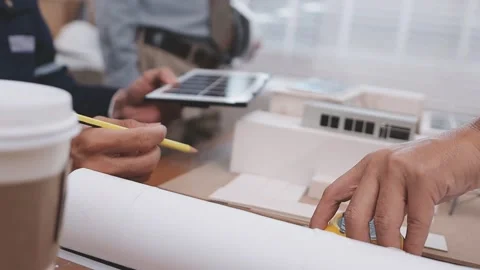 Close-up Of Person's engineer Hand Drawing Plan On Blue Print with architec.. Stock Footage 345607902