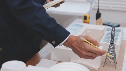 Close-up Of Person's engineer Hand Drawing Plan On Blue Print with architec.. Stock Footage 345607991