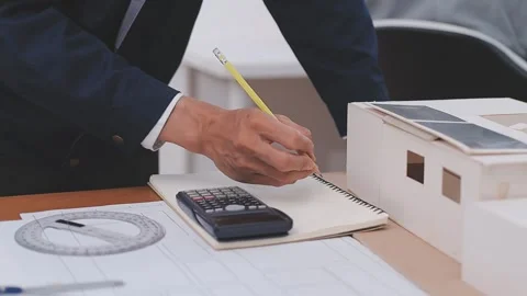 Close-up Of Person's engineer Hand Drawing Plan On Blue Print with architec.. Stock Footage 345608056