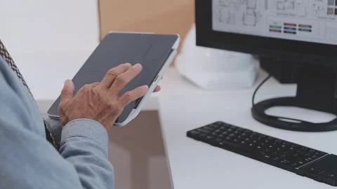 Close-up Of Person's engineer Hand Drawing Plan On Blue Print with architec.. Stock Footage 345608062