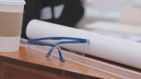 Close-up Of Person's engineer Hand Drawing Plan On Blue Print with architec.. Stock Footage 345608106