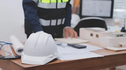 Close-up Of Person's engineer Hand Drawing Plan On Blue Print with architec.. Stock Footage 345608197
