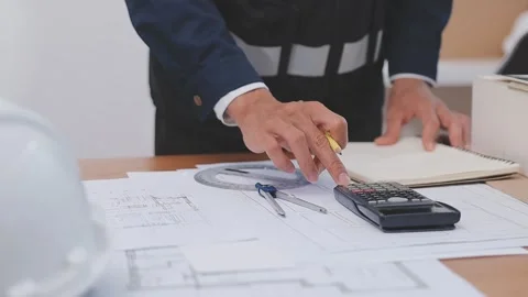 Close-up Of Person's engineer Hand Drawing Plan On Blue Print with architec.. Stock Footage 345608241