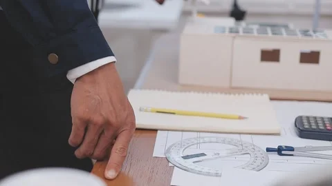 Close-up Of Person's engineer Hand Drawing Plan On Blue Print with architec.. Stock Footage 345608246
