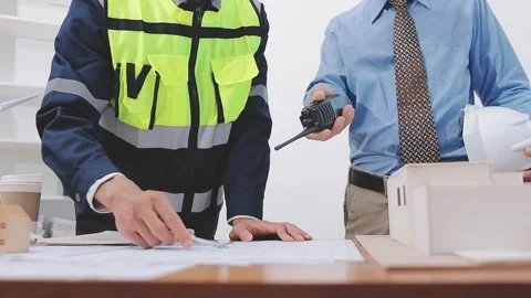 Close-up Of Person's engineer Hand Drawing Plan On Blue Print with architec.. Stock Footage 345608577
