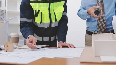 Close-up Of Person's engineer Hand Drawing Plan On Blue Print with architec.. Stock Footage 345608581