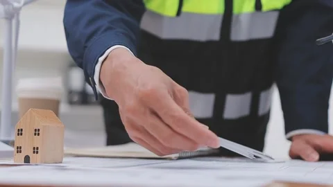 Close-up Of Person's engineer Hand Drawing Plan On Blue Print with architec.. Stock Footage 345608604