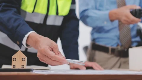 Close-up Of Person's engineer Hand Drawing Plan On Blue Print with architec.. Stock Footage 345608634