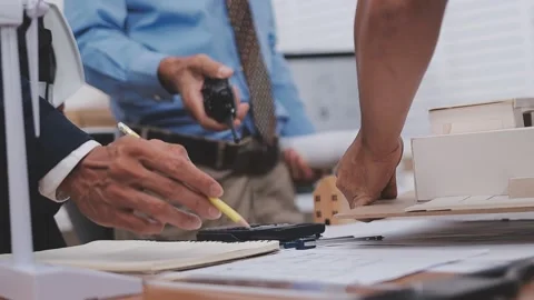 Close-up Of Person's engineer Hand Drawing Plan On Blue Print with architec.. Stock Footage 345608669