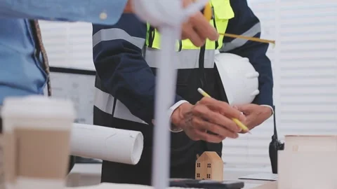 Close-up Of Person's engineer Hand Drawing Plan On Blue Print with architec.. Stock Footage 345608720