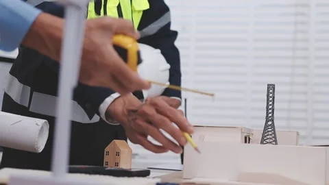 Close-up Of Person's engineer Hand Drawing Plan On Blue Print with architec.. Stock Footage 345608725