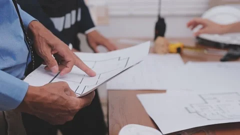Close-up Of Person's engineer Hand Drawing Plan On Blue Print with architec.. Stock Footage 345609042