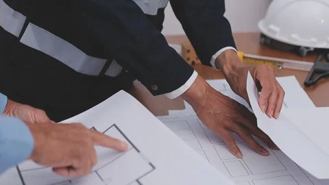 Close-up Of Person's engineer Hand Drawing Plan On Blue Print with architec.. Stock Footage 345609083
