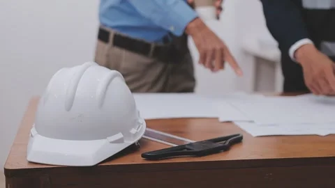 Close-up Of Person's engineer Hand Drawing Plan On Blue Print with architec.. Stock Footage 345609107