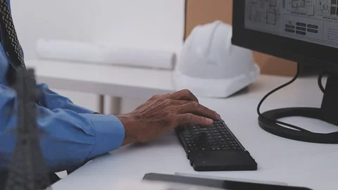 Close-up Of Person's engineer Hand Drawing Plan On Blue Print with architec.. Stock Footage 345609148
