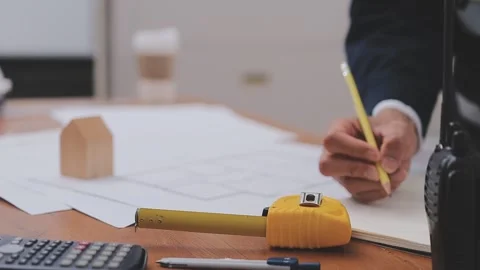 Close-up Of Person's engineer Hand Drawing Plan On Blue Print with architec.. Stock Footage 345609451