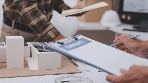 Close-up Of Person's engineer Hand Drawing Plan On Blue Print with architec.. Stock Footage 345610703