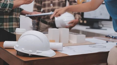 Close-up Of Person's engineer Hand Drawing Plan On Blue Print with architec.. Stock Footage 345610747