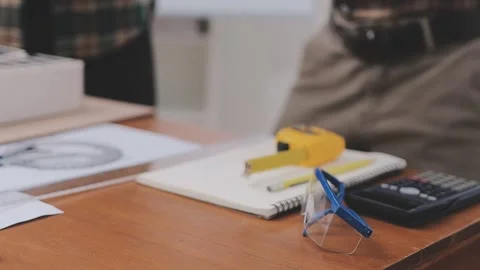Close-up Of Person's engineer Hand Drawing Plan On Blue Print with architec.. Stock Footage 345610765