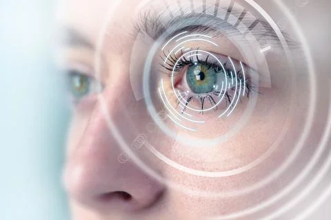 Close up of a person's eye with advanced biometric technology on display in a Stock Photos