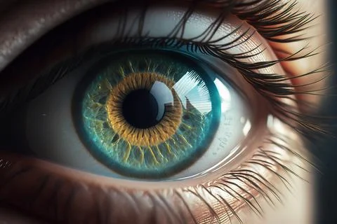 A close up of a person's eye with a blue iris and yellow iris realistic eye.. 스톡 일러스트