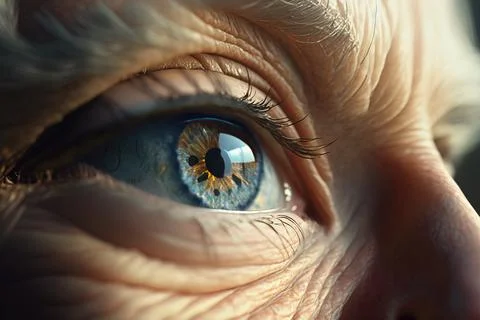 A close up of a person's eye with a blue iris and yellow flower realistic e.. Illustration