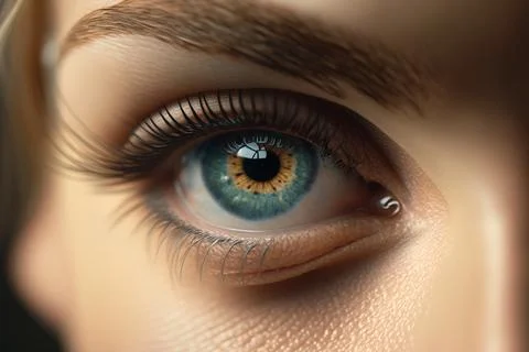 A close up of a person's eye with a blue iris and brown iris realistic eyes.. Illustration
