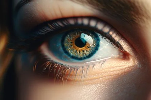 A close up of a person's eye with a blue iris and brown iris realistic eyes.. Stock Illustration