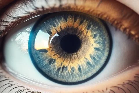 A close up of a person's eye with a blue iris and yellow iris realistic eye.. Illustrazione stock