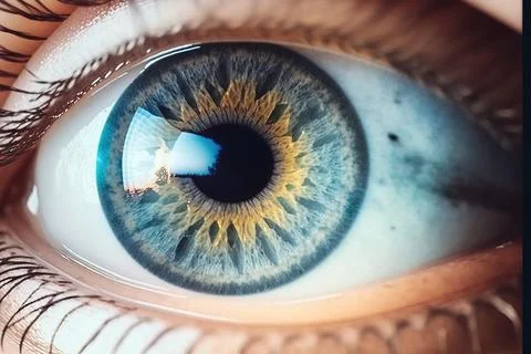 A close up of a person's eye with a blue iris and yellow iris realistic eye.. Illustration