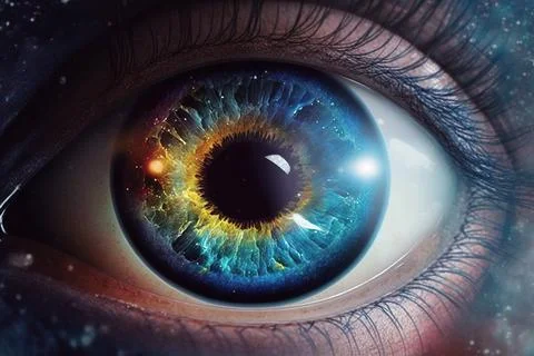 A close up of a person's eye with a bright blue iris and stars in the backg.. Illustration