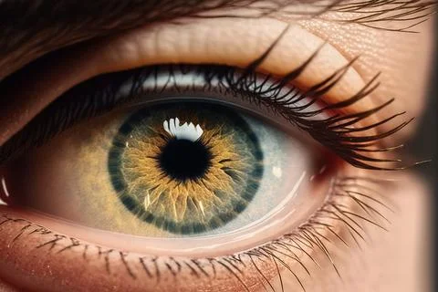 A close up of a person's eye with a green iris and yellow iris realistic ey.. Stock Illustration