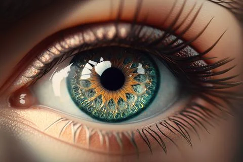 A close up of a person's eye with a green iris and yellow flower realistic .. 스톡 일러스트