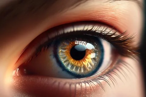 A close up of a person's eye with a tag on it's iris realistic eyes a photo.. Stock Illustration
