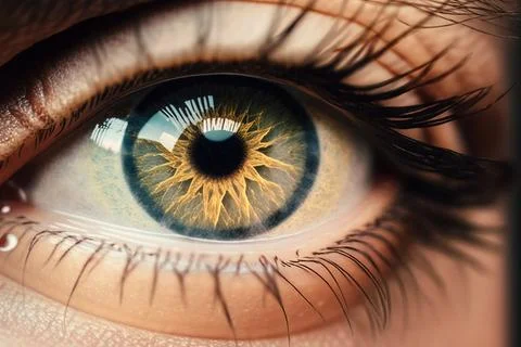 A close up of a person's eye with a yellow and blue irise realistic eyes a .. Stock Illustration