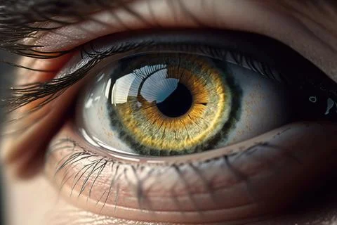 A close up of a person's eye with a yellow iris and black iris highly detai.. Stock Illustration