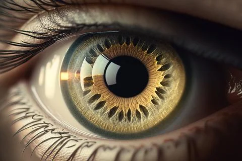 A close up of a person's eye with a yellow iris and black iris realistic ey.. Illustrazione stock