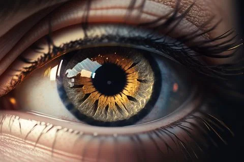 A close up of a person's eye with a yellow iris and black iris realistic ey.. Illustration