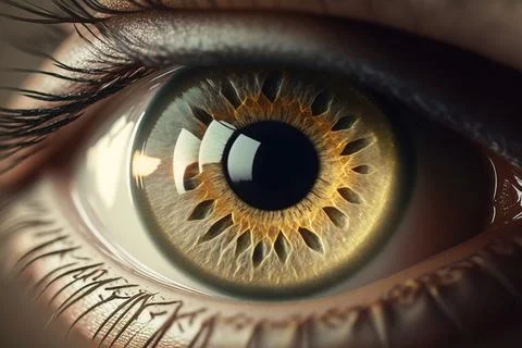 A close up of a person's eye with a yellow iris and black iris realistic ey.. Illustration