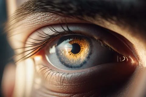 A close up of a person's eye with a yellow iris and black iris realistic ey.. Illustration