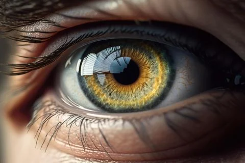 A close up of a person's eye with a yellow iris and black iris highly detai.. Stock Illustration