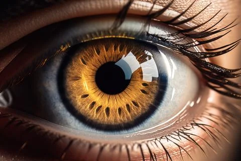 A close up of a person's eye with a yellow iris and black iris realistic ey.. Illustrazione stock
