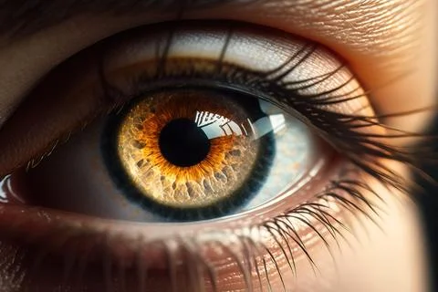 A close up of a person's eye with a yellow iris and black iris realistic ey.. Illustration