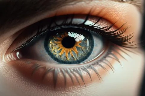 A close up of a person's eye with a yellow iris and black iris realistic ey.. Stock Illustration