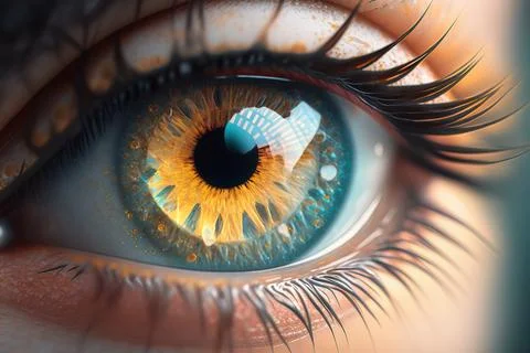 A close up of a person's eye with a yellow iris and blue iris highly detail.. Stock Illustration